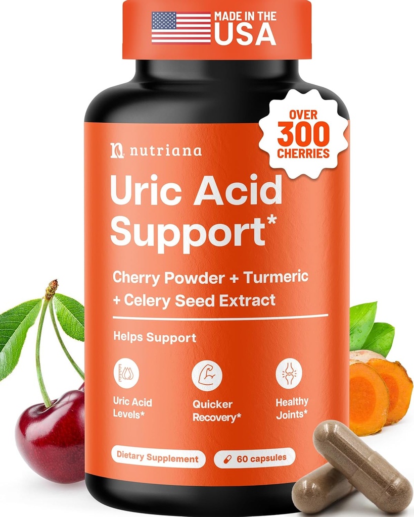 3 en 1 Nettoyant Uric Acid Flush – Extrait de cerise de tart avec purge de supplément de graines de curcuma et celery - Pieds et soutien articulaire - 60 capsules de légumes