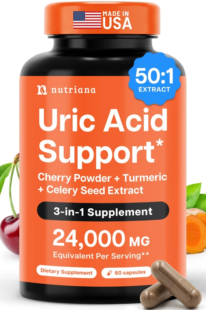 3 en 1 Nettoyant Uric Acid Flush – Extrait de cerise de tart avec purge de supplément de graines de curcuma et celery - Pieds et soutien articulaire - 60 capsules de légumes