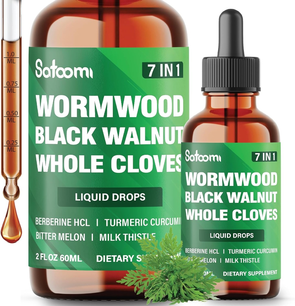 Satoomi 7in1 gouttes liquides de wormwood avec noix noire, vêtements entiers, berbère, chardon de lait, mélône amère et curcuma - 60ml pendant 60 jours