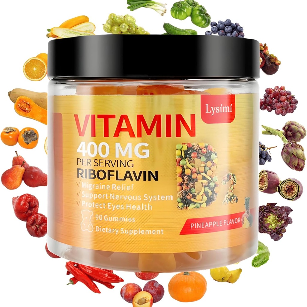 Vitamine B2 Gommies, Vitamine B2 Gommies de Riboflavine 400mg, Soulagement de la migraine et soulagement des maux de tête Riboflavine Vitamine B2 Gommies, sans soja et sans gluten, 90 Gommies de vitamine pour enfants et adultes