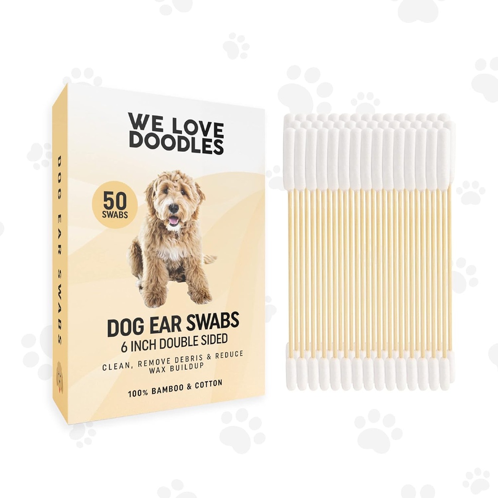 We Love Doodles Long Cotton Dog Ear Swabs | Double Sided Qtips for Dogs | Large Wooden Cleaner Balls Tool | Q Tips Swab to Flush Puppy Ears | Clean Wood Buds for Pet Ears | Wipes Solution Q-Tips