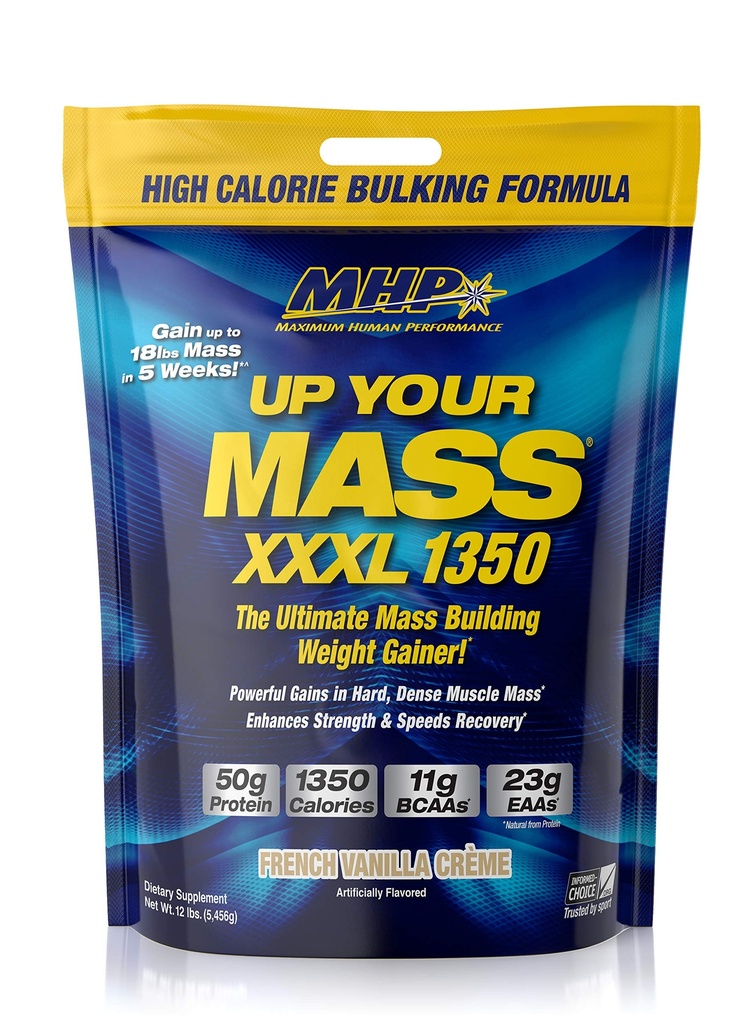 MHP UYM XXXL 1350 Mass Building Weight Gainer, Muscle Mass Gains, w/50g Protein, High Calories, 11g BCAAs, Leucine, French Vanilla Creme, 16 Servings