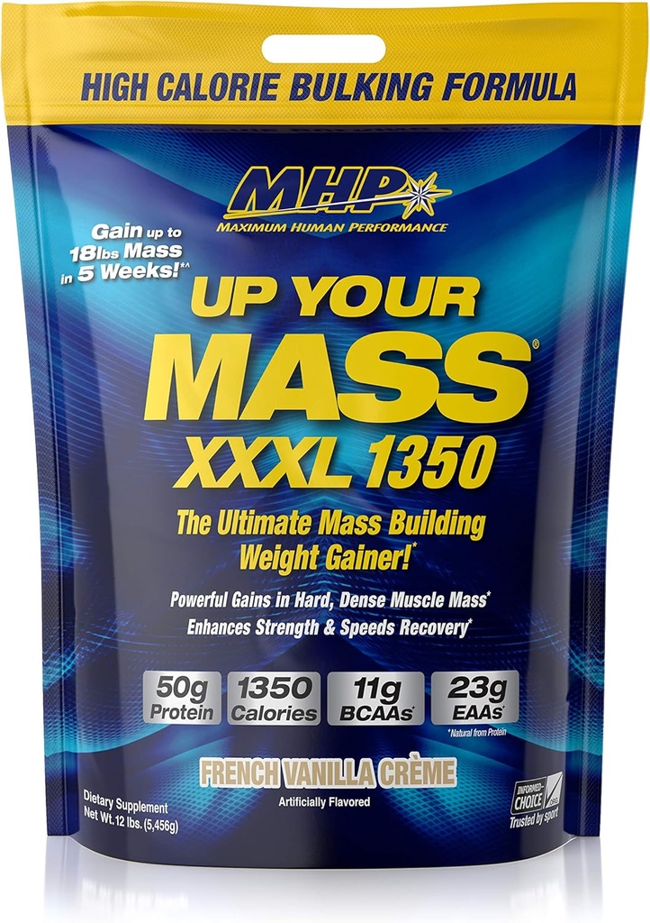Performance humaine maximale MHP UYM XXXL 1350 Mass Building Gainer de poids, Gains de masse musculaire, w/50g Protéines, Calories élevées, 11g BCAAs, Leucine, Française Vanilla Creme, 16 portions