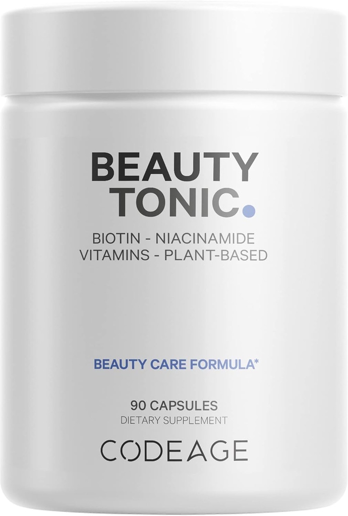 Supplément de la biotine de code avec vitamine C, vitamine E, vitamine B6, niacine, folate, mélange alimentaire biologique, phytocéramides, astaxanthine, sélénium - Beauty Tonic - Cheveux, peau et ongles - Vegan, 90 Ct