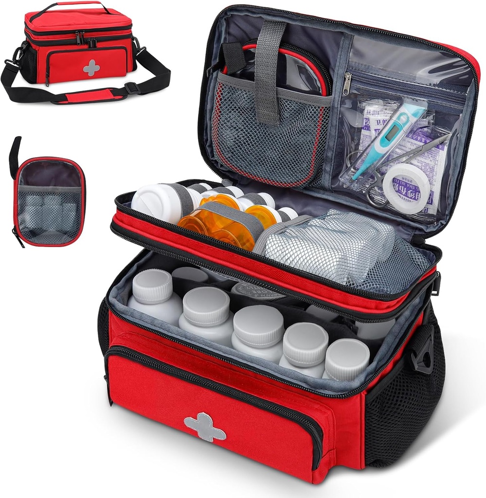 Sac de rangement en médicaments, organisateur de bouteilles de pilules pour les urgences, boîte de médicaments vide avec petite poche portable, boîte de premiers soins pour les voyages et l'entreposage à domicile