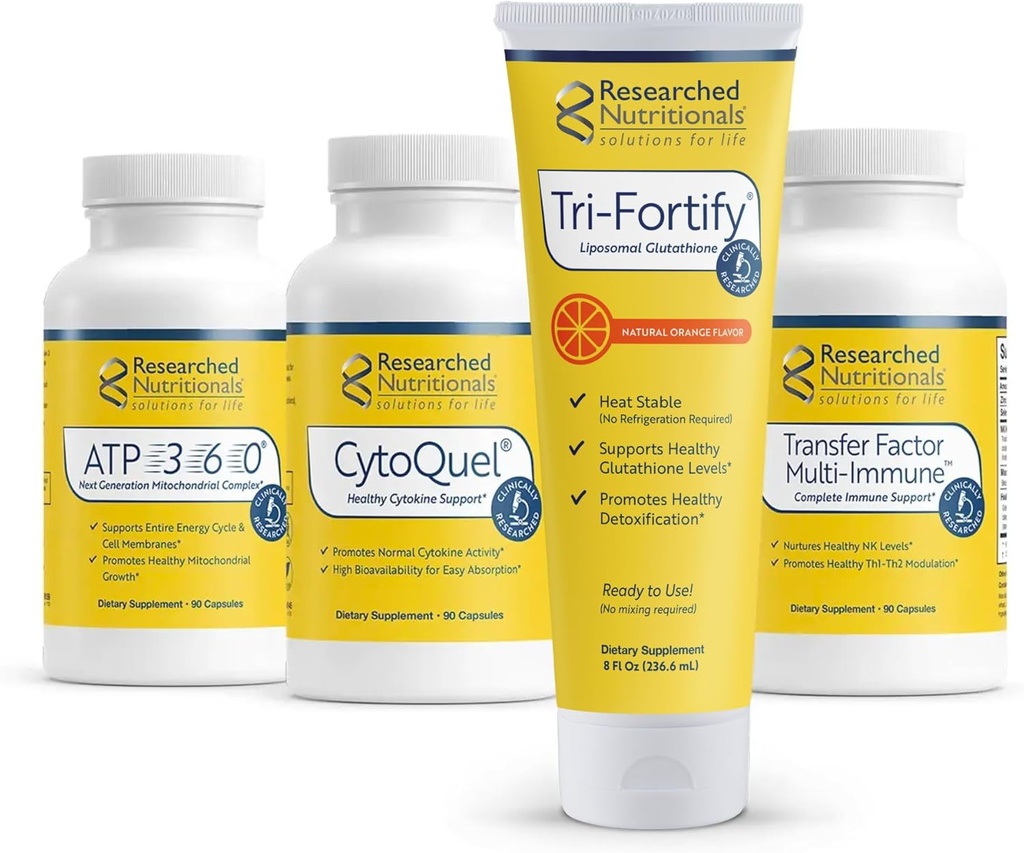 Kit de Fondation Nutritionnelle Recherche - Glutathion Liposomique Tri-Fortify (450mg) Orange, Virement-Facteur Multi Immune, ATP 360 & CytoQuel pour soutenir l'énergie, l'immunité, la réponse Cytokine & Detox