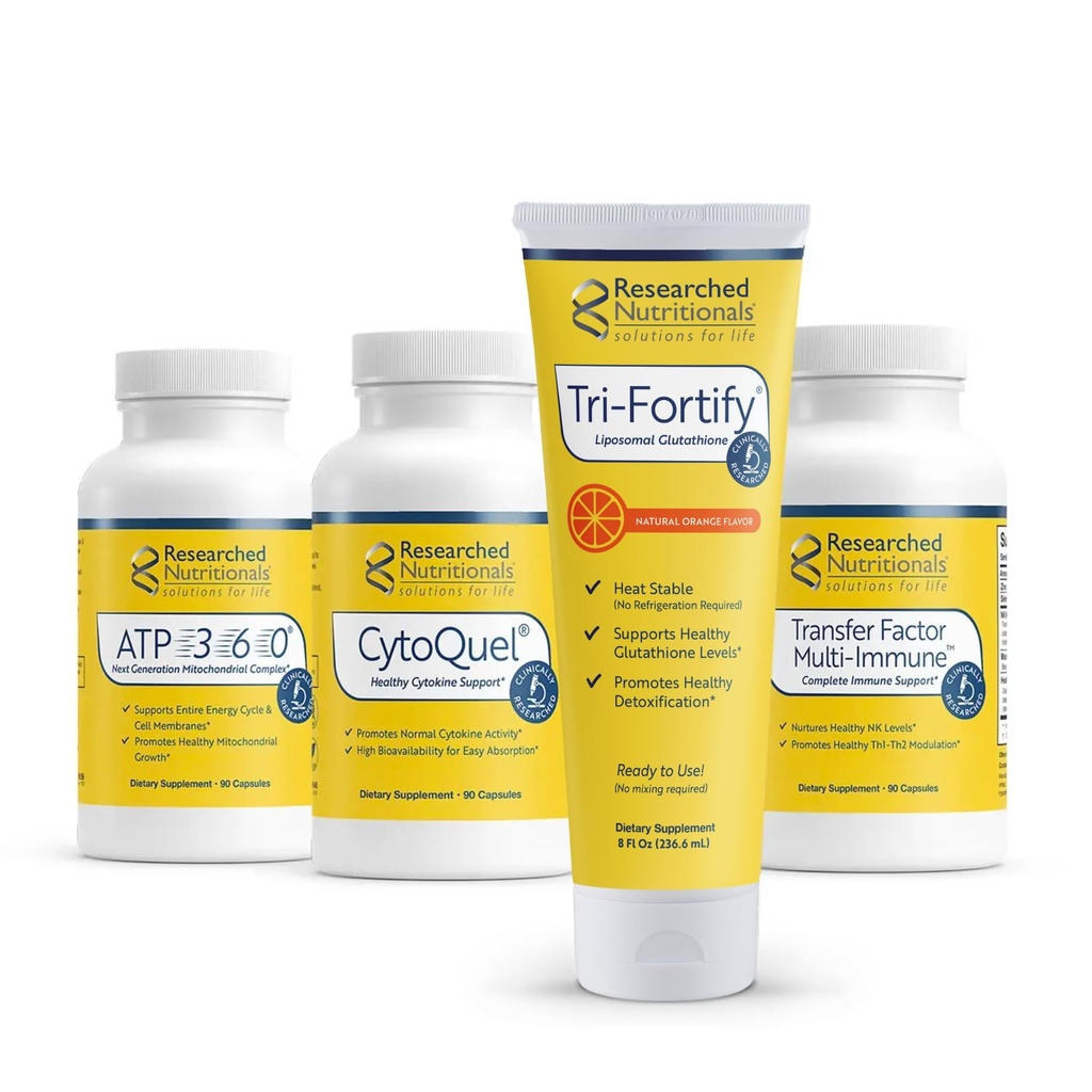 Kit de Fondation Nutritionnelle Recherche - Glutathion Liposomique Tri-Fortify (450mg) Orange, Virement-Facteur Multi Immune, ATP 360 & CytoQuel pour soutenir l'énergie, l'immunité, la réponse Cytokine & Detox