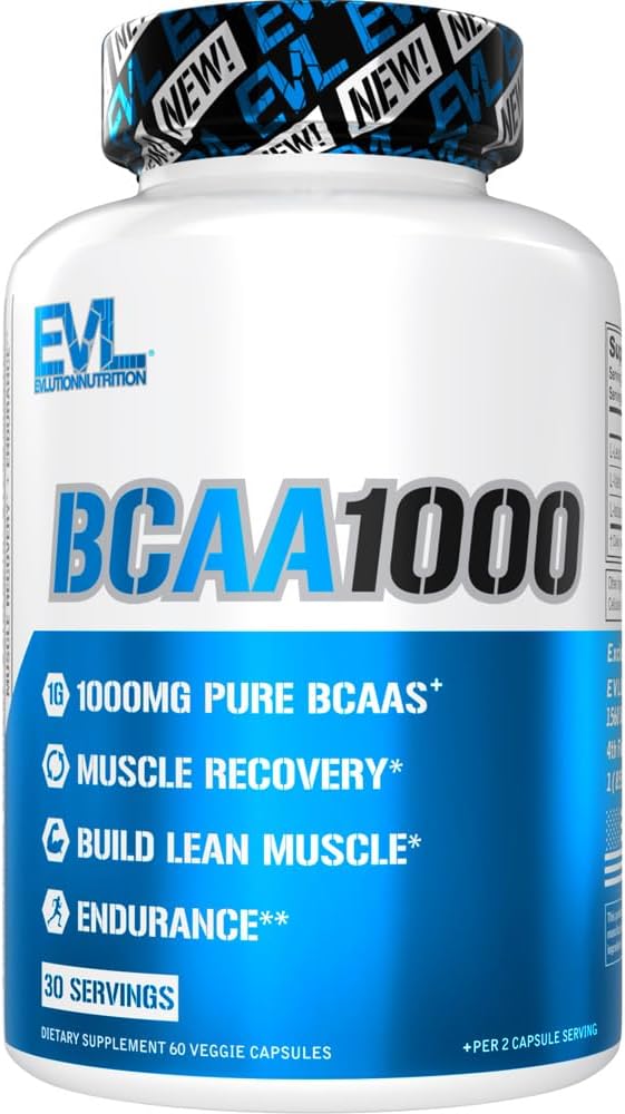 BCAAs Amino Acids Supplement for Men - EVL 2:1:1 5g Capsules pour la récupération post-entraînement et le renforcement musculaire maigre pour les hommes - BCAA1000 Acids à chaîne ramifiée Supplément nutritionnel - 30 portions