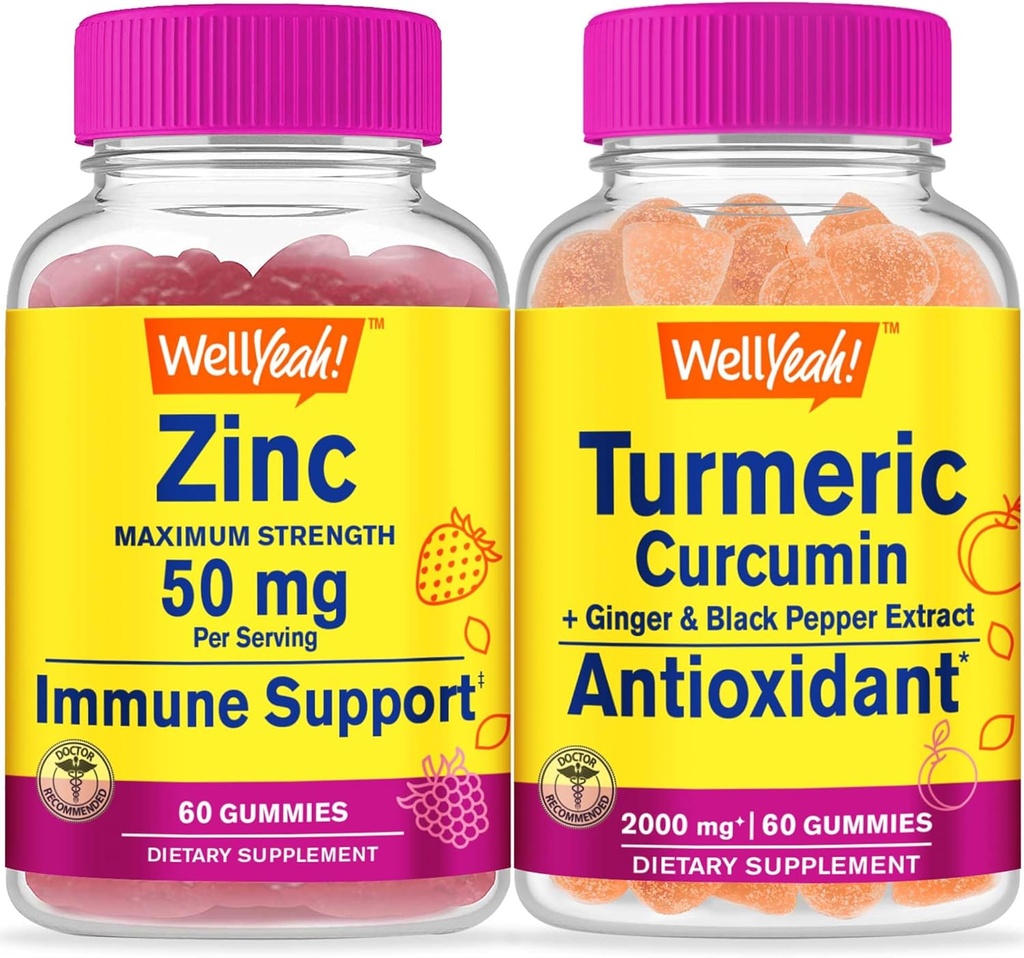 Eh bien oui Zinc + Curcumine curcuma, Gummies Bundle - Grande dégustation, supplément de vitamine, sans gluten, sans OGM, gummy à croquer