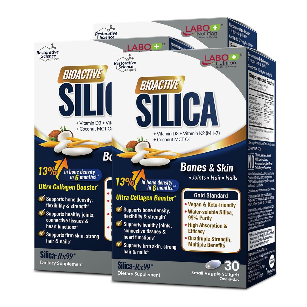 LABO Nutrition Bioactive Silica – Pour les cheveux, la peau, les ongles, la formation de collagène, la force articulaire et osseuse – Soutien osseux santé et collagène Booster – 99% Pureté supplément de Silice dérivée du riz, 30 Vegan Softgel