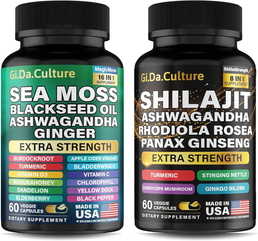 Shilajit et la mousse de mer Combo - Moss et le bundle Shilajit avec Ashwagandha, Graines noires, Turmeric, Bladderwrack, Burdock, Poivre noir avec des vitamines et des antioxydants - 120 Capsules de Véggie