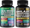 Shilajit et la mousse de mer Combo - Moss et le bundle Shilajit avec Ashwagandha, Graines noires, Turmeric, Bladderwrack, Burdock, Poivre noir avec des vitamines et des antioxydants - 120 Capsules de Véggie