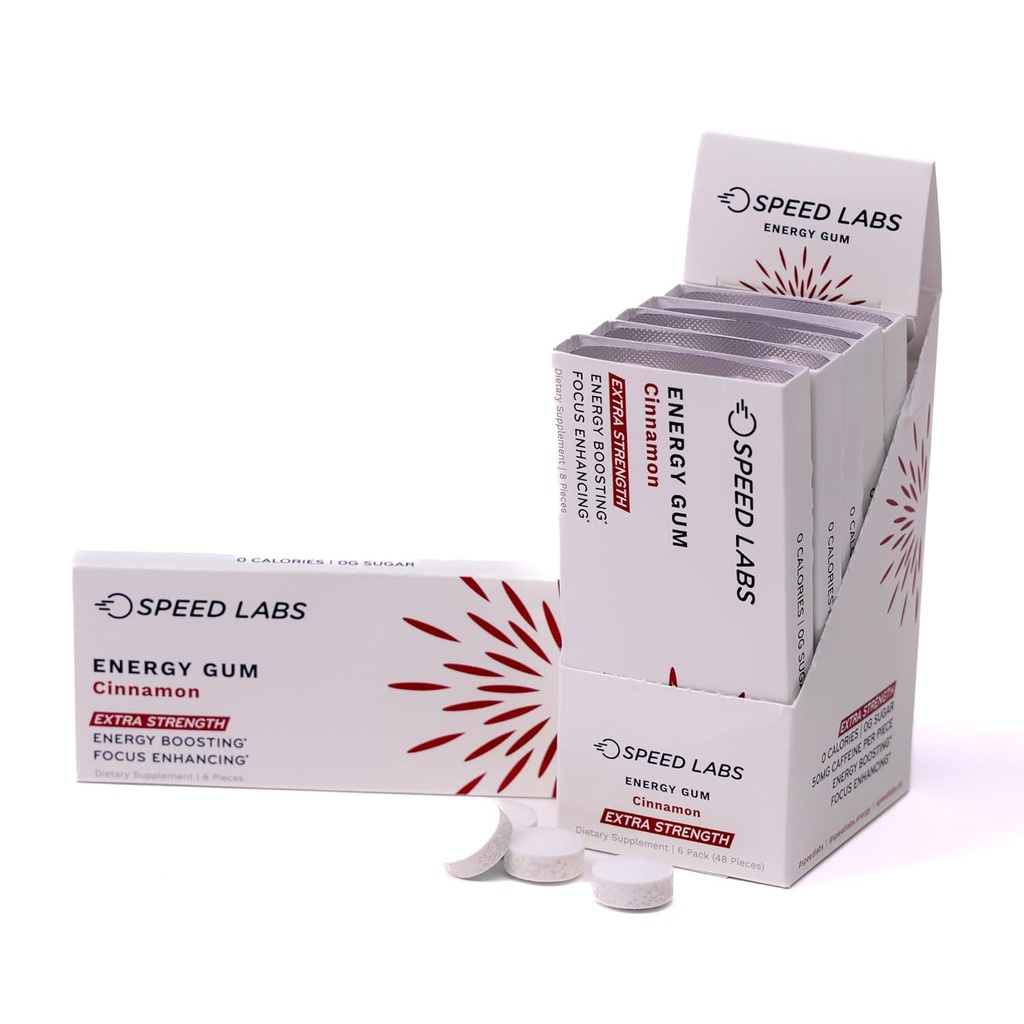 Labos de vitesse Cinnamon Extra Strength Caféine Gum 50mg Caféine, Taurine et B vitamines par pièce, 48 pièces (6 paquets de 8 pièces) sans sucre, zéro calories, sans aspartame, sans gluten