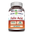 Formules étonnantes Acides foliques (Vitamine B9) 400 mcg (comprimés) Suppléments de comprimés (non-OGM) Sans gluten (Fabriqué aux États-Unis) (1 Pack, 500 Compte)