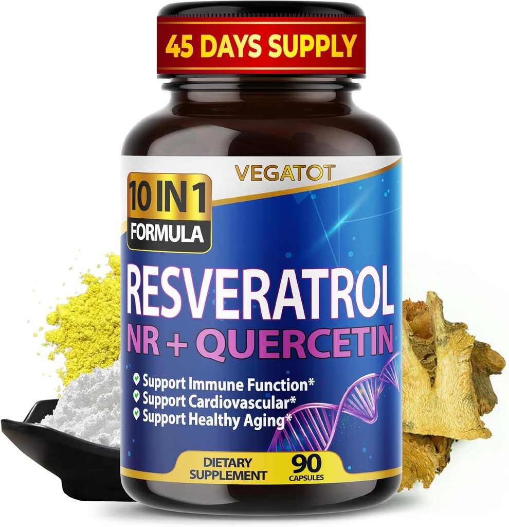 VEGATOT 10 en 1 Resvératrol à haute force avec Quercetin Vieillissement en santé Soutien articulaire pour stimuler le cerveau immunitaire (90 Nombre (paquet de 1))