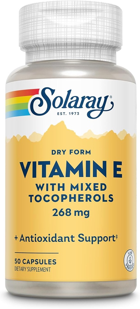SOLARAY Vitamine E 400 UI (268mg), forme sèche avec tocophérols mixtes Vitamine E - Supplément antioxydant, SPM et soutien à la ménopause - Garantie de 60 jours, laboratoire vérifié - 50 portions, 50 capsules
