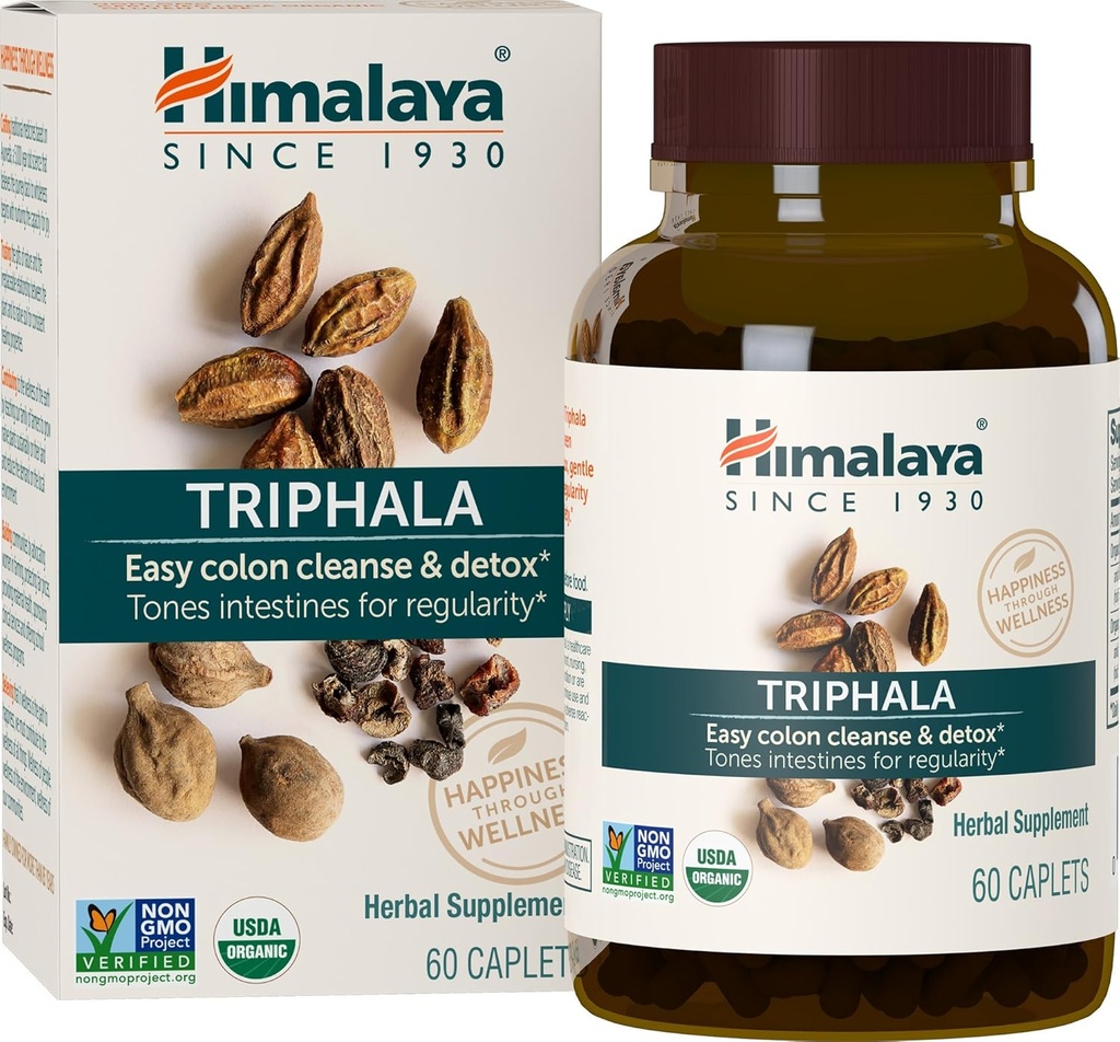 Himalaya Triphala biologique, 2 mois d'approvisionnement, pour le nettoyage des colonies, la désintoxication et la constipation occasionnelle, USDA certifié biologique, non-OGM, sans gluten, extrait et supplément à base de plantes en poudre, 688 mg, 60 capsules