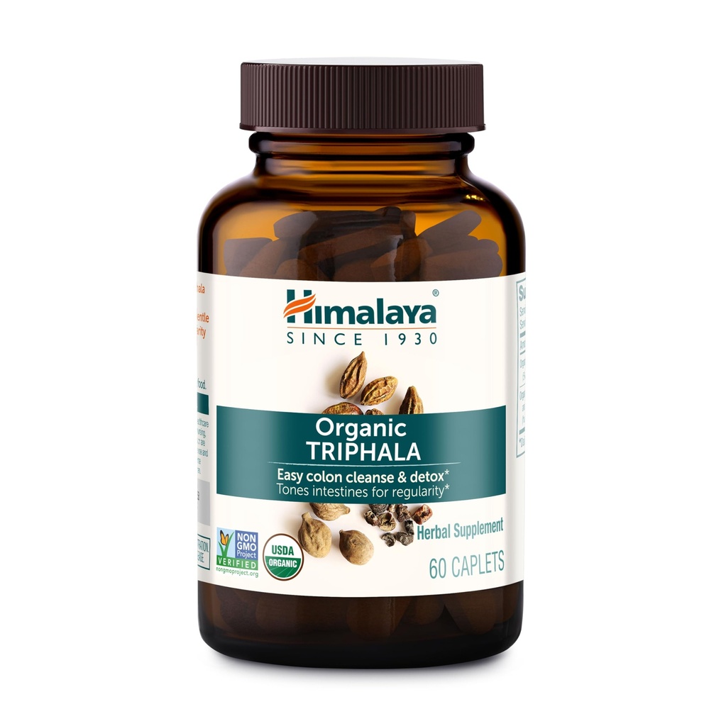Himalaya Triphala biologique, 2 mois d'approvisionnement, pour le nettoyage des colonies, la désintoxication et la constipation occasionnelle, USDA certifié biologique, non-OGM, sans gluten, extrait et supplément à base de plantes en poudre, 688 mg, 60 capsules