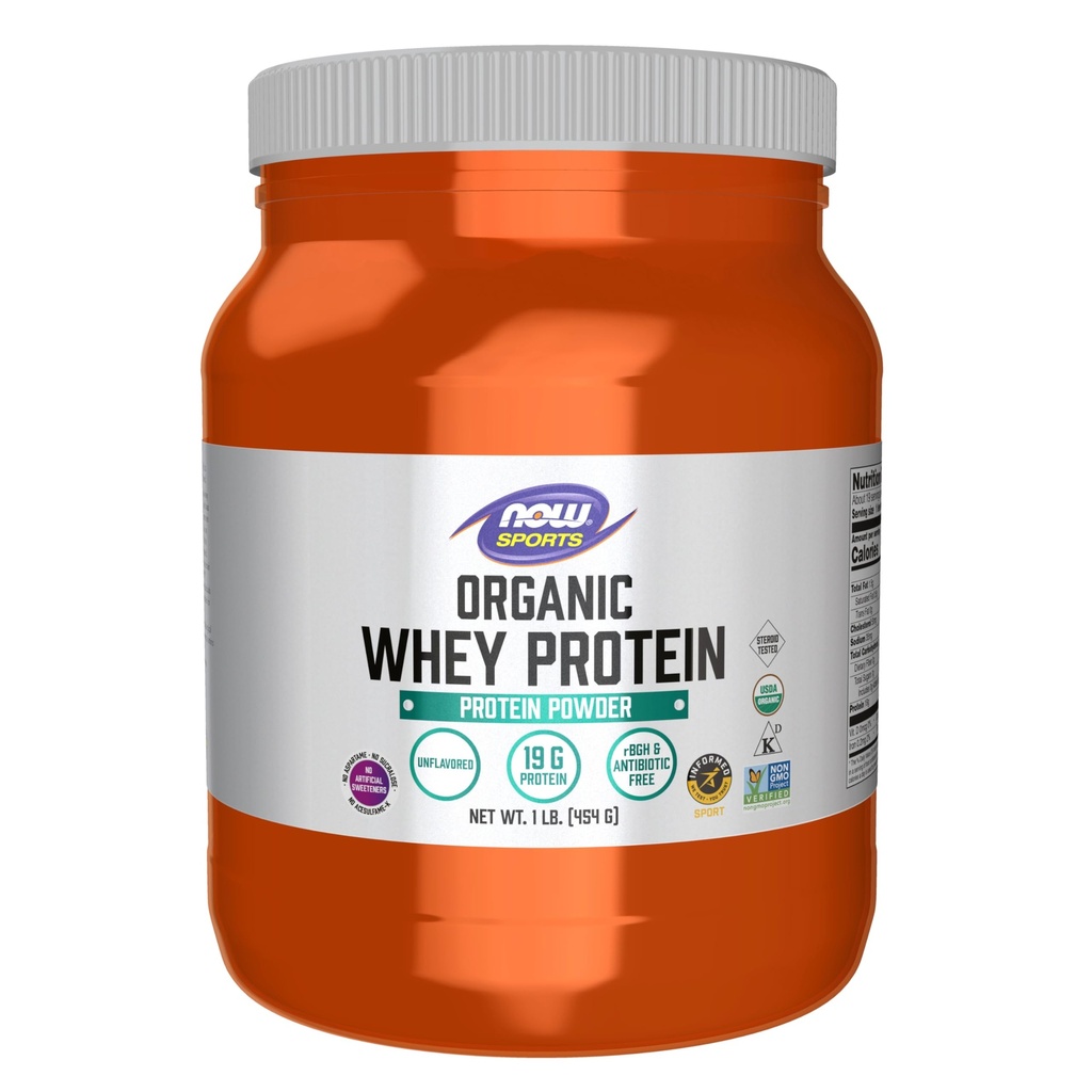 NOW Foods Sports Nutrition, Certified Organic Whey Protein 19 g, Unflavored Powder, 1-Pound