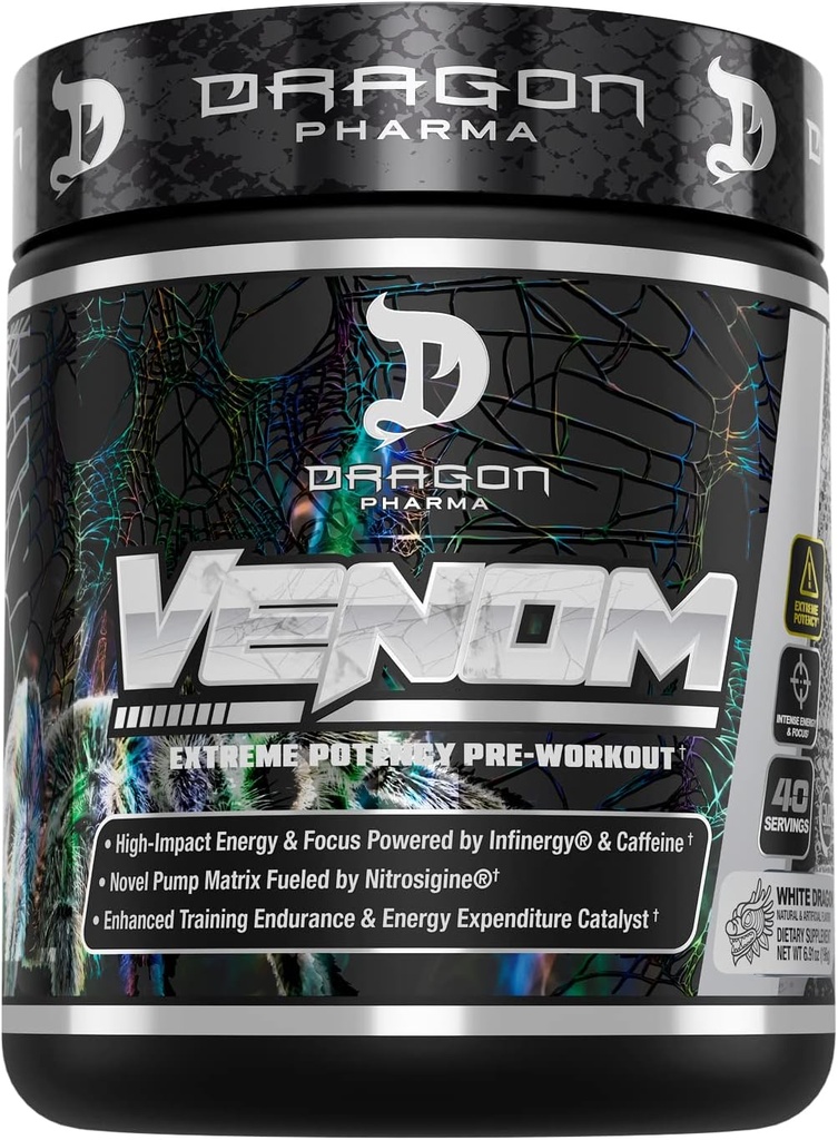 DRAGON PHARMA Venom Extreme Potency Pre-Workout, Laser Sharp Focus + Energy, Intense Performance, Ingrédients éprouvés pour la vasodilation et l'endurance améliorées (40 portions, Dragon blanc)