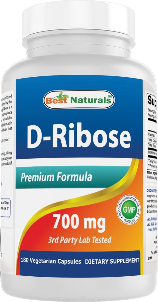 D-Ribose 700mg 180 Vcaps - Production naturelle d'énergie ATP - Fabriqué dans un établissement certifié BPF aux États-Unis et testé par un tiers pour la pureté. Garanti!!