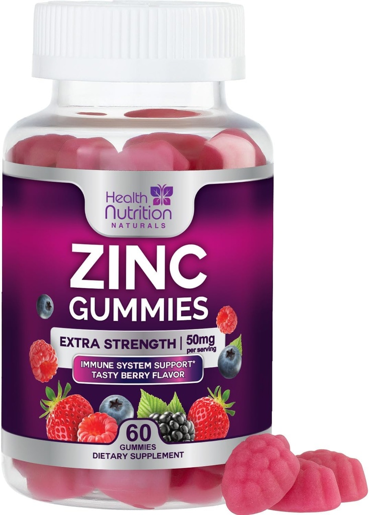 Suppléments de zinc 50mg Gummies - Max Strength Skin Health & Immune Support Gummy, Vegan, Non-OGM & Sans gluten - Meilleur supplément de zinc Antioxydant et Bone Health Chewable Berry Flavor - 60 Gummies