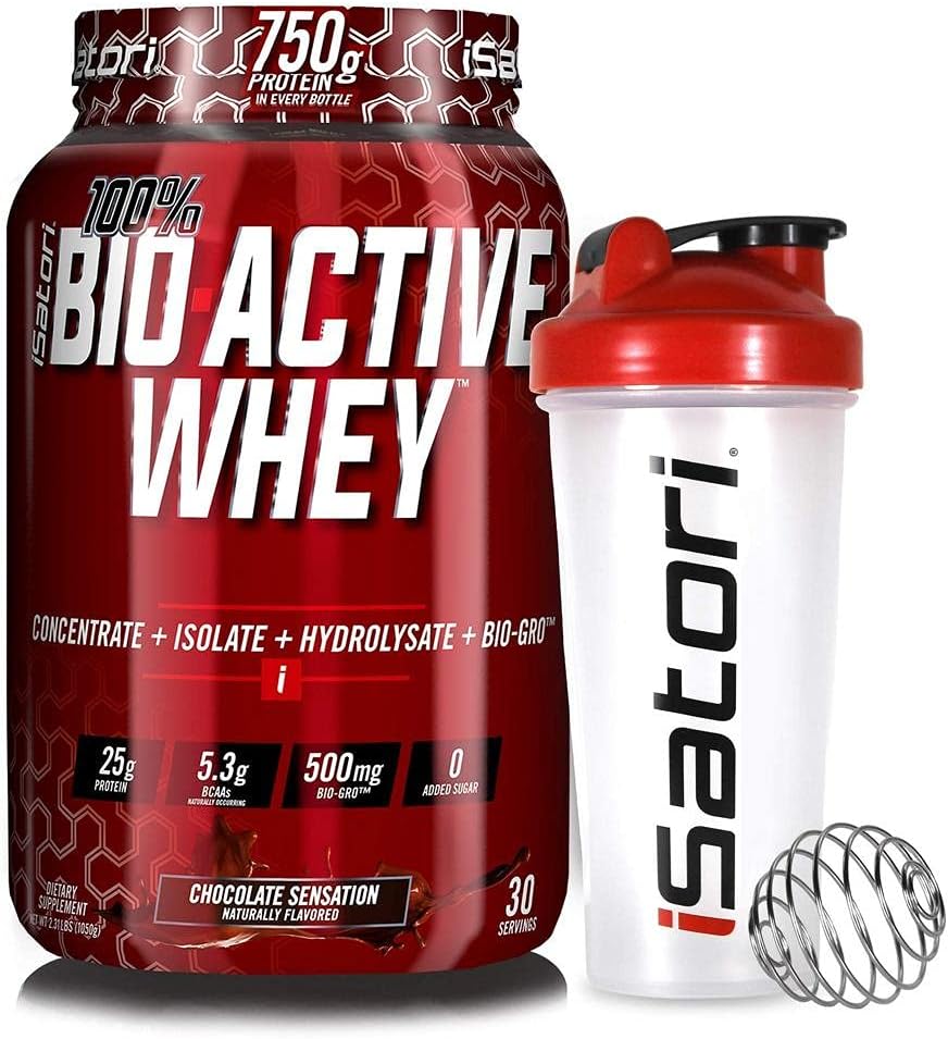 iSatori Bio-Active Whey Powder Chocolate Sensation (30 Servings) & iSatori Classic Blender Bottle (Clear Bottle with Red Top)