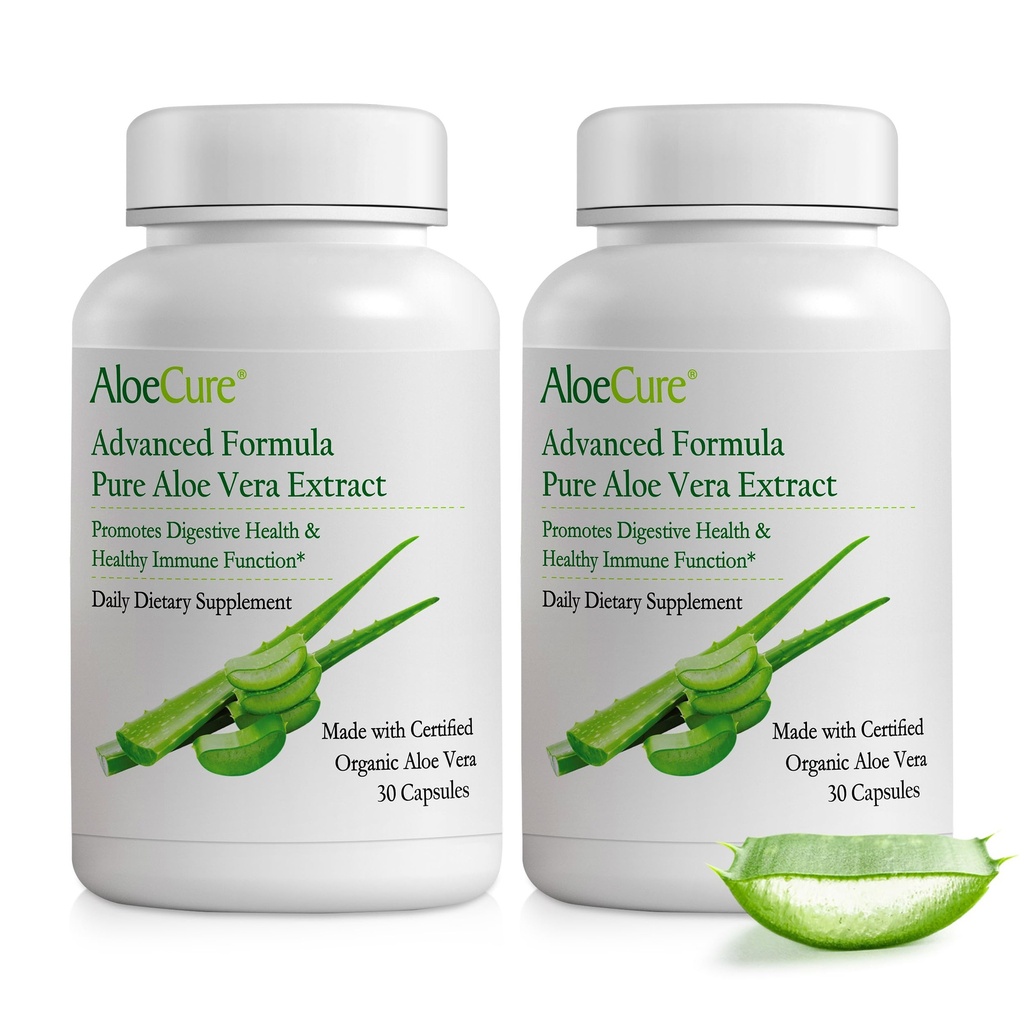 AloeCure Organic Aloe Vera Capsules, 160 000 mg Équivalent intérieur Aloe Leaf par portion, soutien Gut, digestif, et santé immunitaire, aide à maintenir l'acidité équilibrée de l'estomac, sans alonge, 30Caps x 2Btl