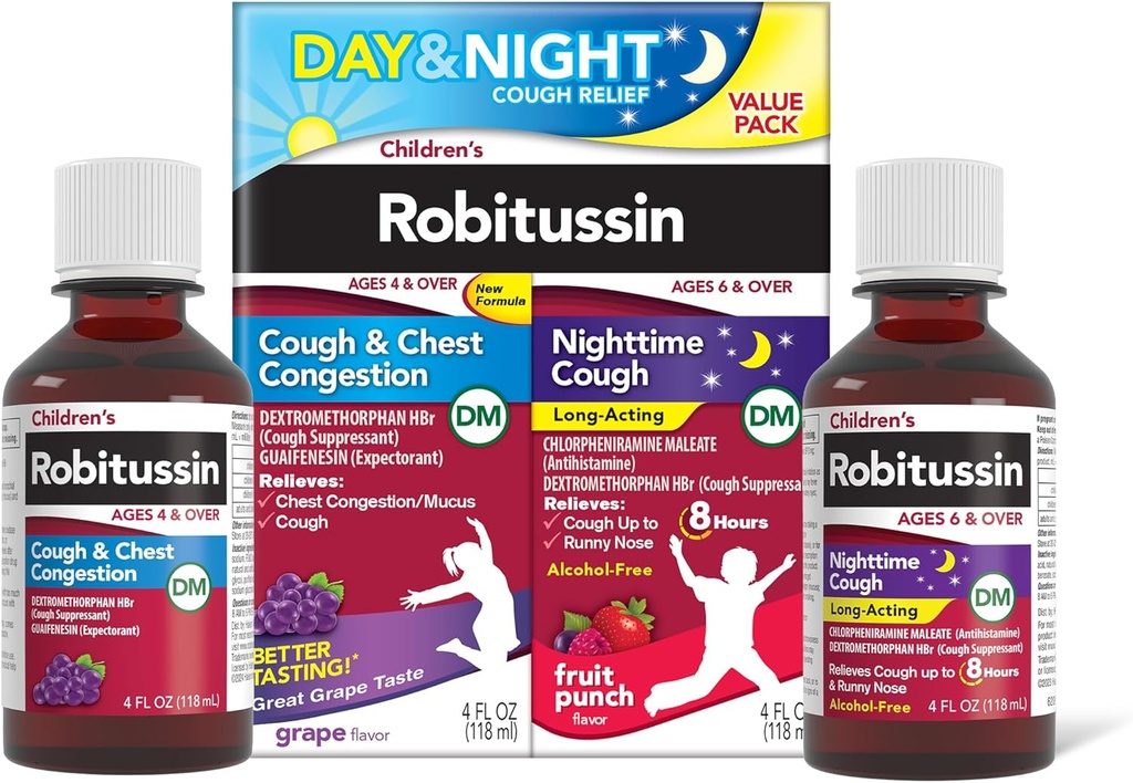 Robitussin pour enfants DM Day and Night Cough Relief Value Pack, Cough Medicine, Raisin/Fruit Punch Flavor - 4 Fl Oz x 2