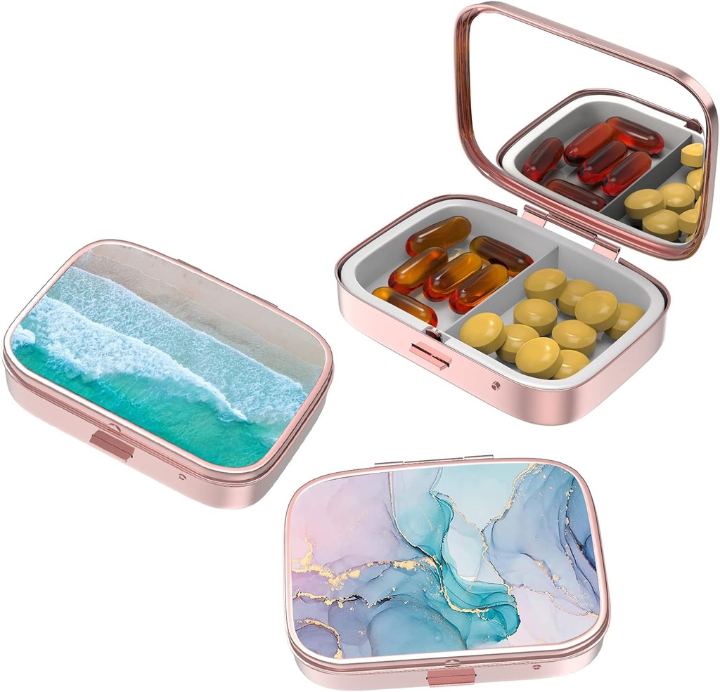 Petite boîte à pilules, étui pour la purse et la poche, 3 compartiments Cas de pilules de voyage Organisateur de médicaments Entreposage pour les vitamines, les pilules, l'huile de poisson et les boucles d'oreilles, Studs,Rose Gold-Beach Couleur Rendu