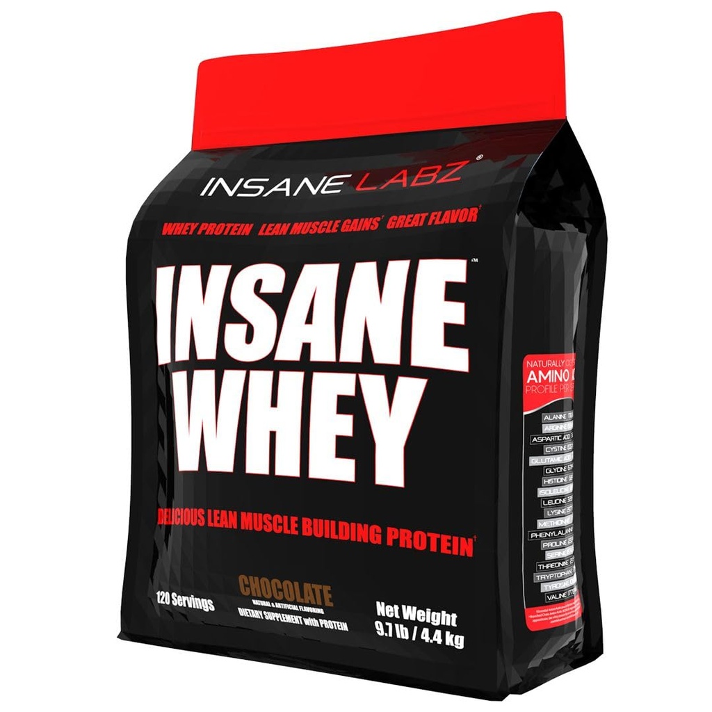 Insane Labz Insane Whey, 100% Muscle Building Whey Protein, BCAA Profil Amino, Mass Gainer, Remplacement des repas (chocolat, 120 portions)