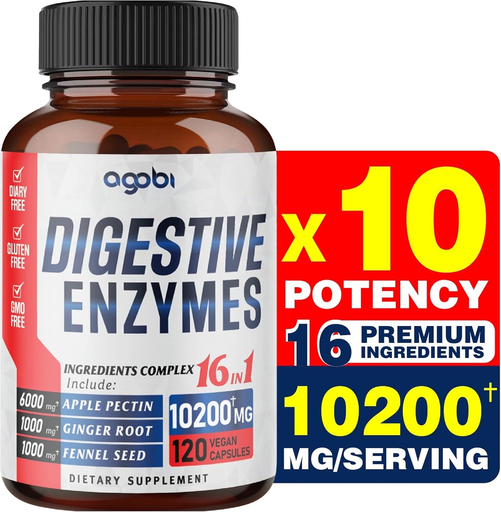 agobi 10200 Mg Enzymes digestifs avec prébiotique pour la digestion, l'immuno-support corporel - 16in1 avec pomme Pectine, racine de gingembre, système prébiotique et plus - 120 capsules pendant 2 mois