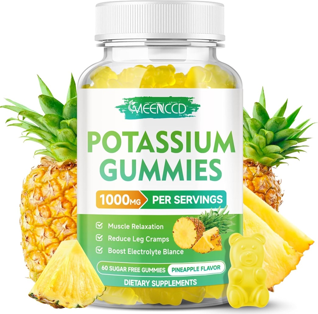 Citrate de potassium Gommies 1000mg, supplément de potassium de puissance élevée Gommies pour adultes femmes et hommes, soutien des crampes et de la santé musculaire des jambes, sans sucre, ananas, 60 comte