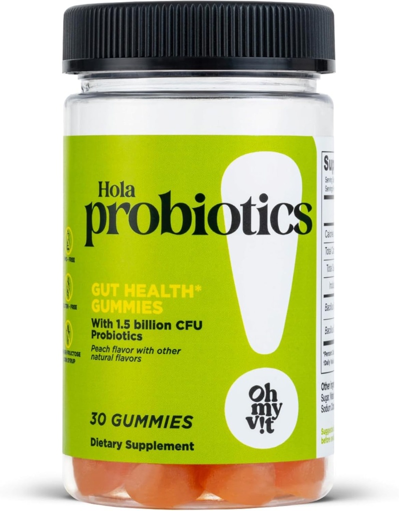 Oh ma vie ! Hola Probiotics Gummy, Supplément quotidien pour les femmes et les hommes, 1,5 milliard d'UFC, Peach Flavor, 30 comtes