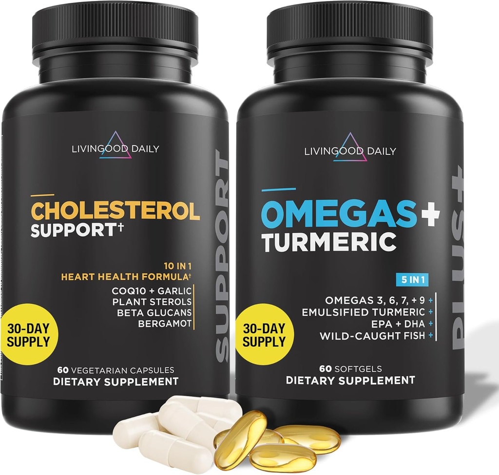 Livingood Daily Cholestérol Support, 60 Capsules Végétariennes - CoQ10, Stérols végétaux, Stérols végétaux, Bergamote et suppléments à l'ail Soutenir la santé cardiaque et la production saine de lipides - Non-OGM et végétalien