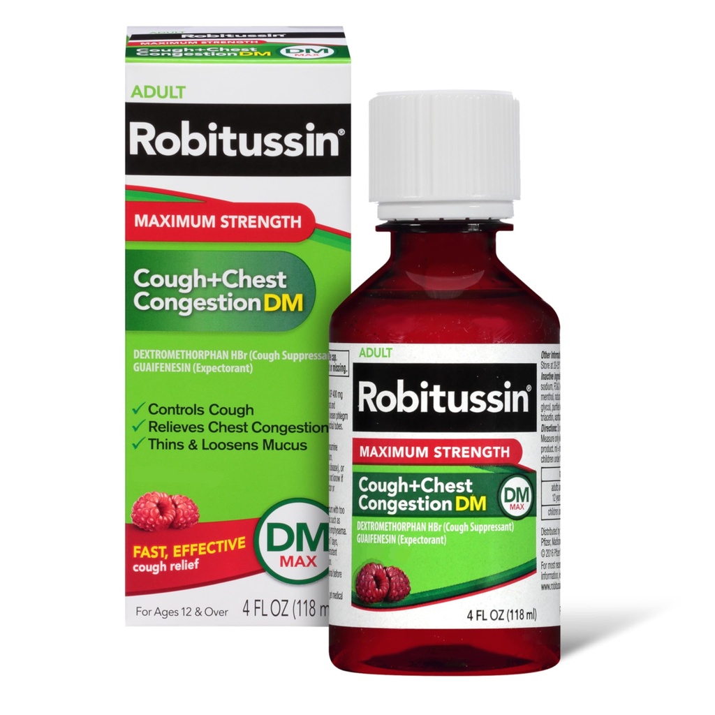 Robitussine Adulte Force maximale Toux + Congestion thoracique DM Max (4 fl. oz. Bouteille), Toux Suppresseur & Expectorant, Arôme aux framboises