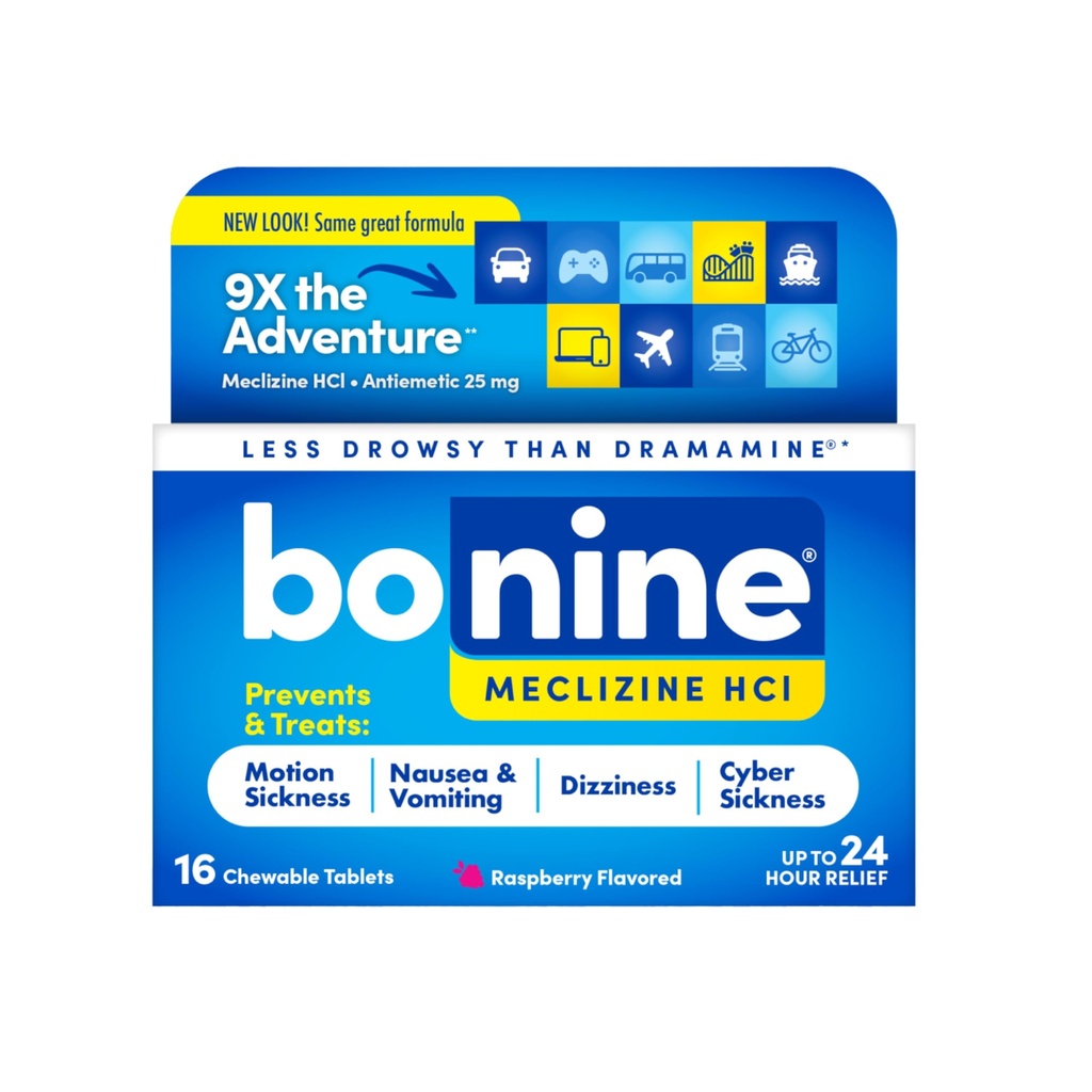 Bonine non somnolence pour le soulagement de la maladie de mouvement, maladie de la mer, maladie de la voiture, nausée, et vomissement - Meclizine HCI 25mg, Taille voyage - 16ct Raspberry comprimés à croquer (emballage mai Vary)