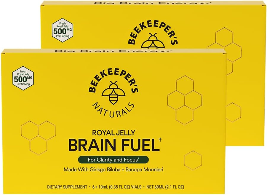 Bekeeper's Naturals B.LXR Brain Fuel - Mémoire, Focus et Clarity Formule liquide, soutient la productivité Jelly Royal, Ginkgo Biloba, Bacopa Monnieri Keto Friendly, sans gluten et caféine, 6 ct (2 Pack)