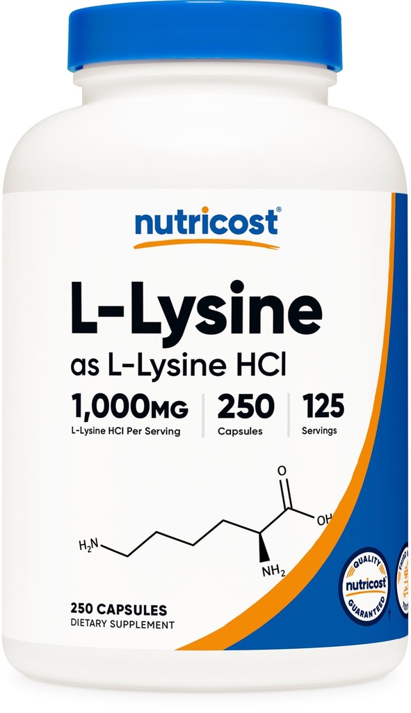 Nutricost L-Lysine 1000mg, 250 Capsules - 500mg par gélule, sans gluten, sans OGM
