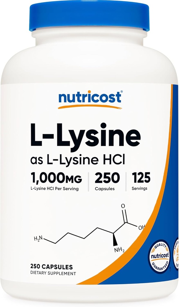 Nutricost L-Lysine 1000mg, 250 Capsules - 500mg par gélule, sans gluten, sans OGM