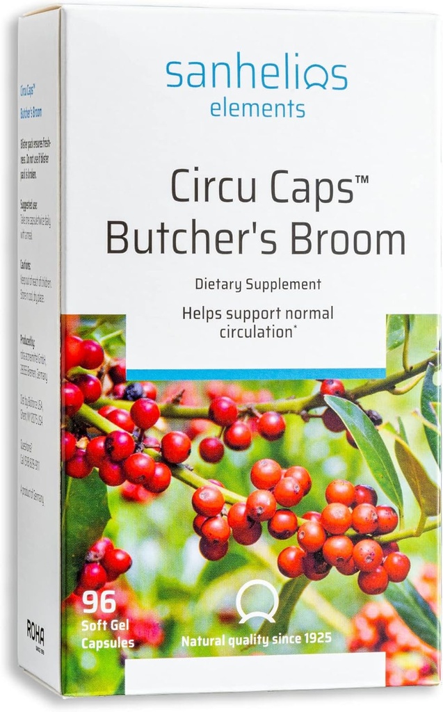 Sanhelios Circu Caps High Potency Butcher's Broom Dried Extract 33mg & Rosemary Oil - Supplément de soutien à base de plantes pour un flux sanguin sain, les veines et la circulation dans les jambes - 96 Capsules Softgel