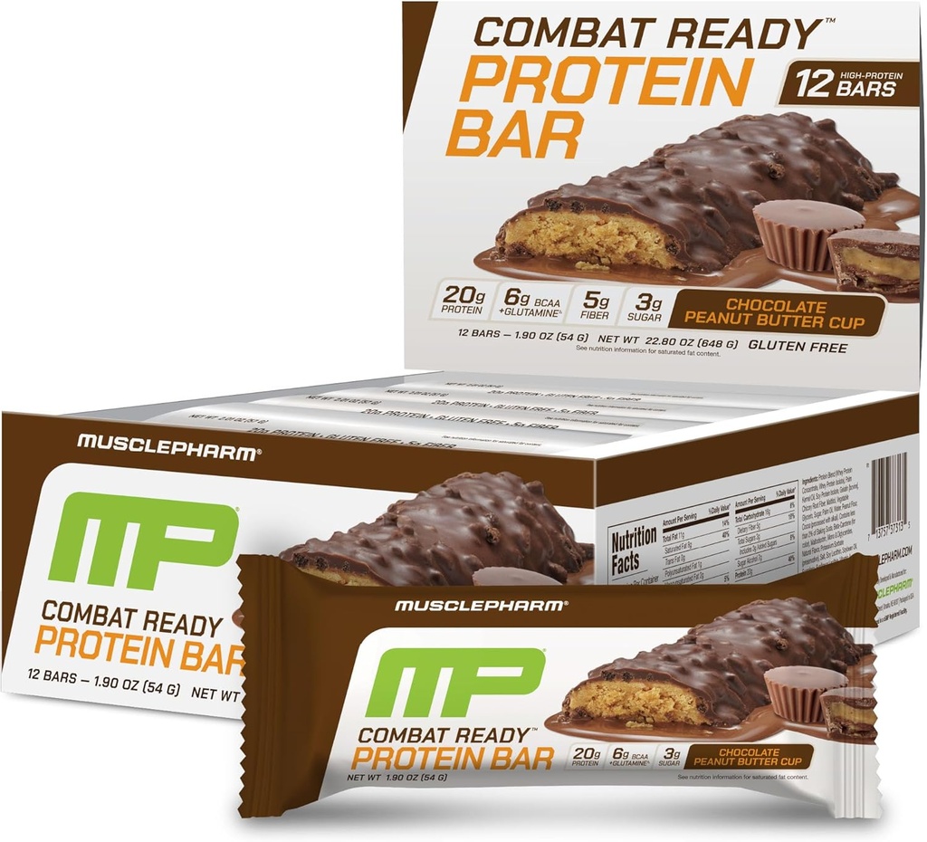 MusclePharm Combat Sport Bar, Chocolate Peanut Butter Cup, Hautes barres de protéines, Cravates de combat, Performance du carburant et répondre aux exigences énergétiques, 20g Protéines de lactosérum, 5g Fibre, Sans gluten, 12 barres