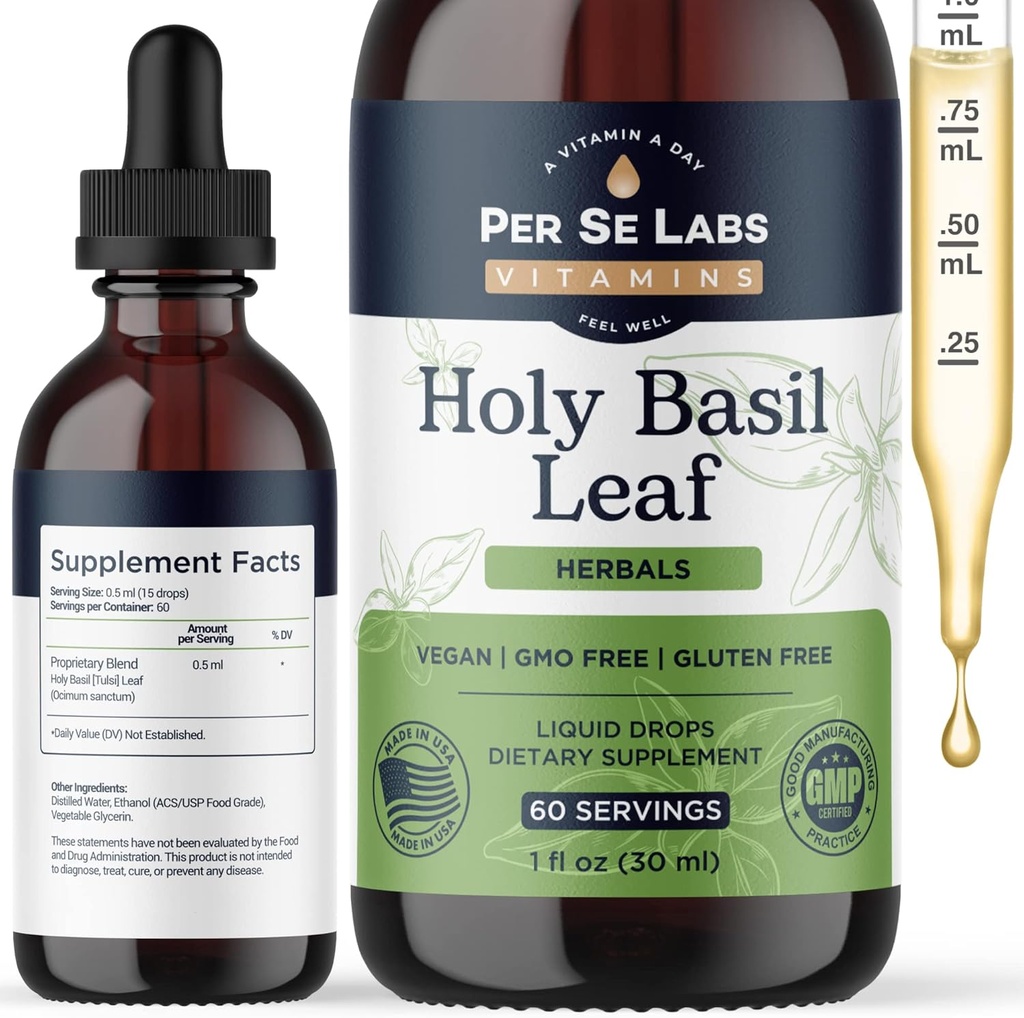 Organic Holy Basil Leaf gouttes liquides 2 mois d'approvisionnement - Immune Support, Cerveau & Focus Booster, Adaptogen