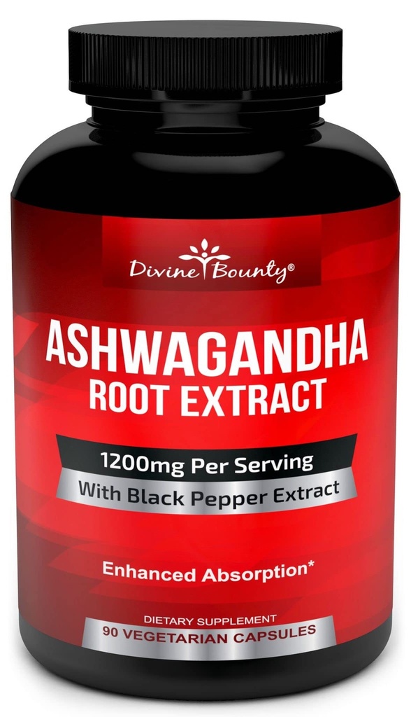 Divine Bounty Capsules Organic Ashwagandha - 1200mg Ashwagandha poudre avec poivre noir pour l'absorption améliorée - Supplément Ashwaganda pour le calme et le soutien de l'humeur - 90 Capsules Veggie