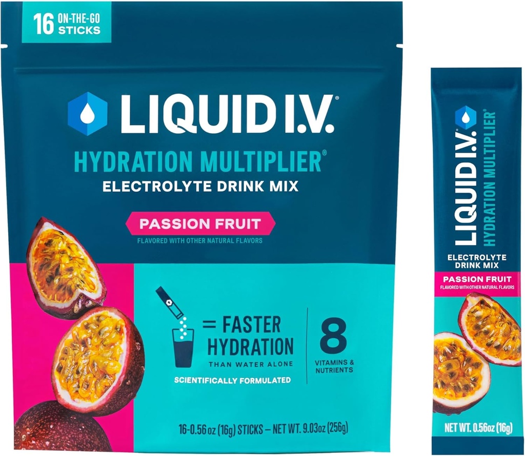 Liquid I.V.® Hydration Multiplier® - Passion Fruit - Hydration Powder Packets | Electrolyte Powder Drink Mix | Convenient Single-Serving Sticks | Non-GMO | 16 Servings (Pack of 1)