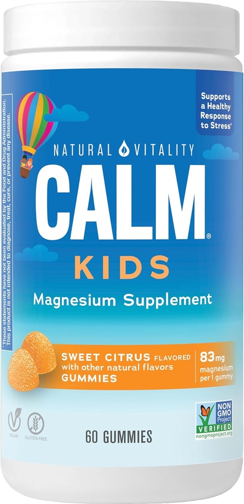 Vitalité naturelle Supplément de magnésium pour enfants CALM Gummies, Gummies pour l'humeur équilibrée, soutient le développement sain, sans gluten, végétalien, agrumes doux Saveur - 60 Gummies