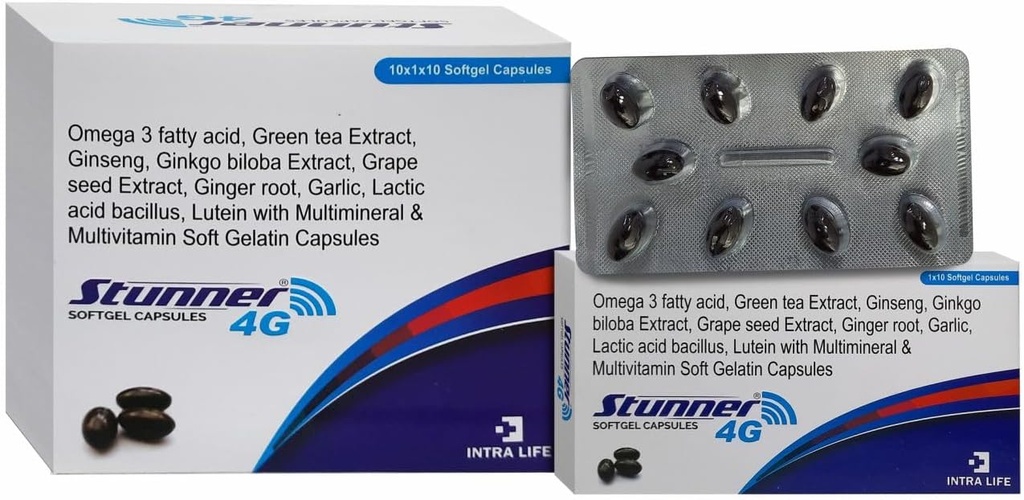 STUNNER-4G SOFTGEL CAPS inseng Extract Poudre 42,5mg + Huile de germe de blé 25mg + Bioflavonoïdes d'agrumes 20mg + Extrait de graines de raisin 15mg + Caroténoïdes mélangés naturels (10% Dispersion)11,33mg + Extrait de thé vert