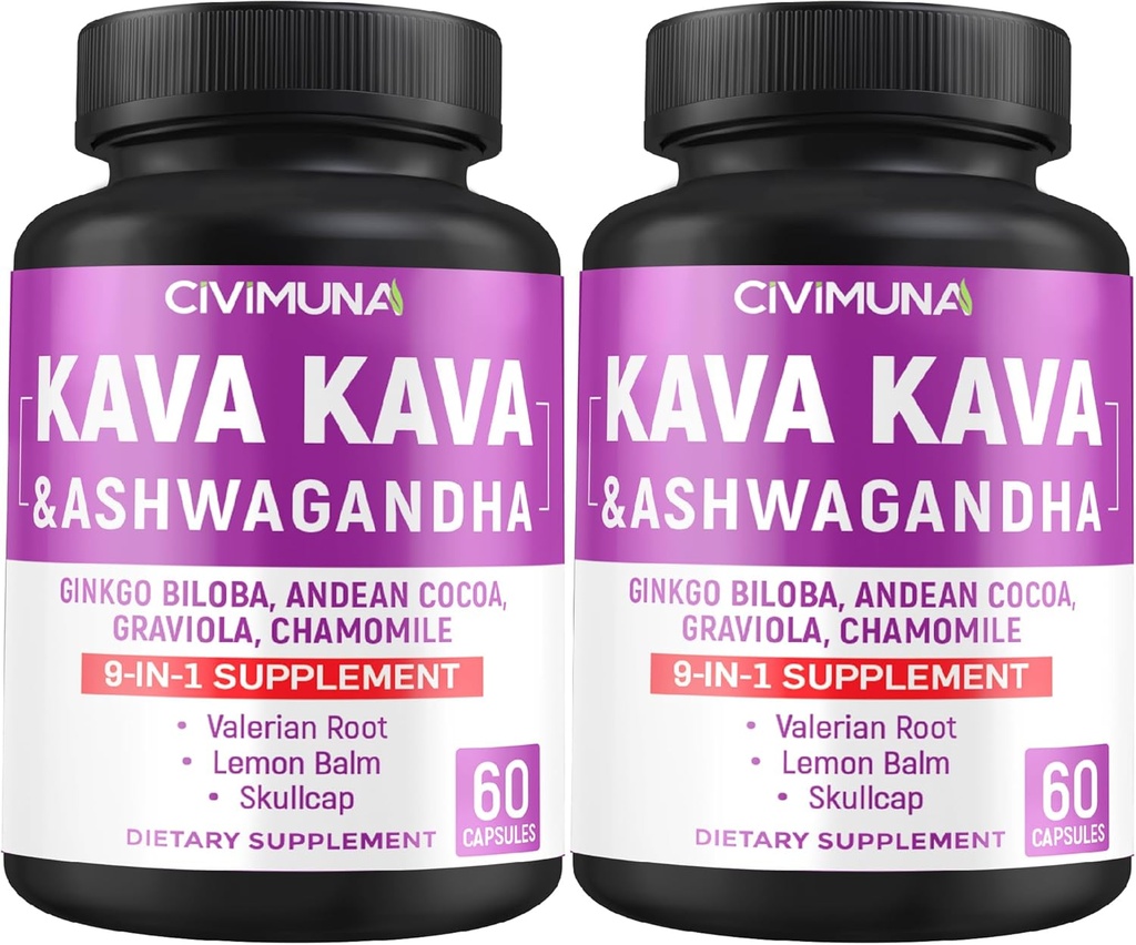 Capsules de kava avec Kava, Ginkgo, Ashwagandha et plus - 120 capsules pour 4 mois d'approvisionnement (paquet de 2)