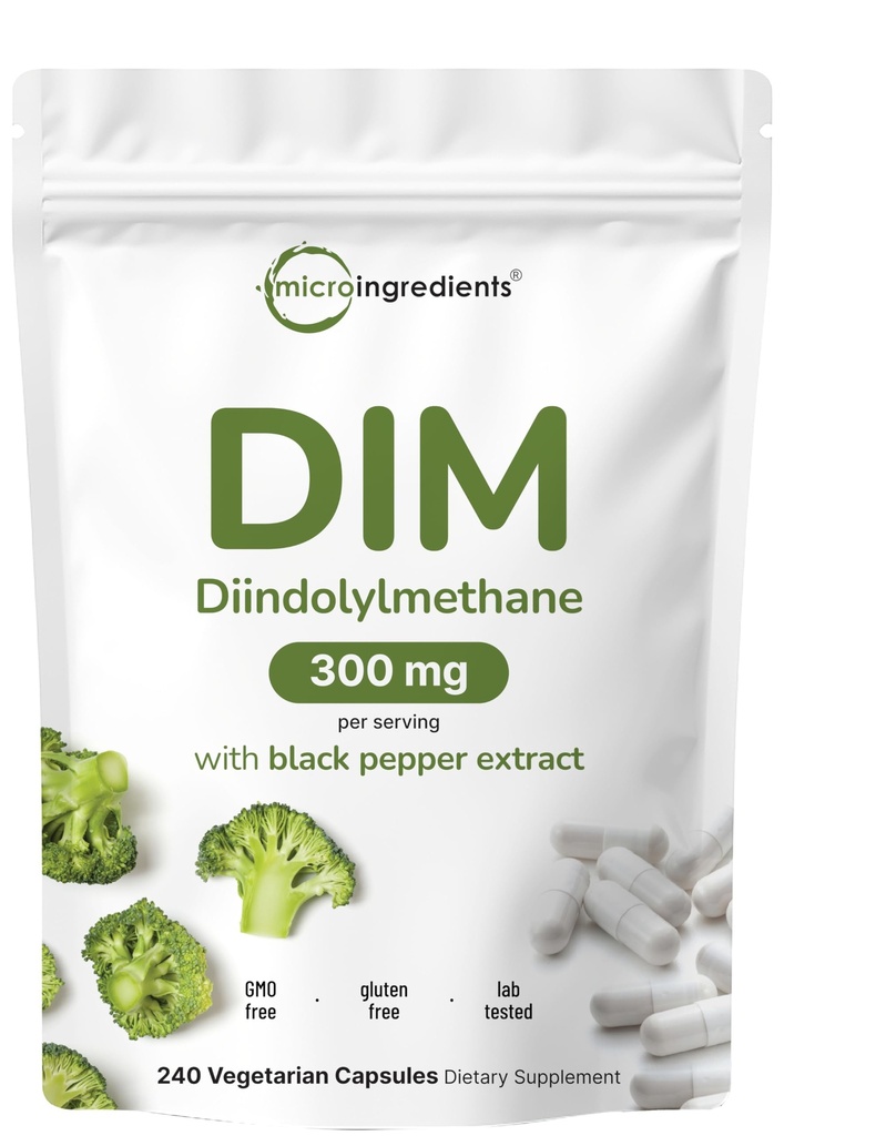 Supplément actif DIM, DIM 300mg, 240 Capsules de Veggie (8-Mois d'approvisionnement), 2 en 1 Formule, Métabolisme Estrogène, Supplément d'extrait de brocoli DIM-Plus Premium avec poivre noir pour une meilleure absorption