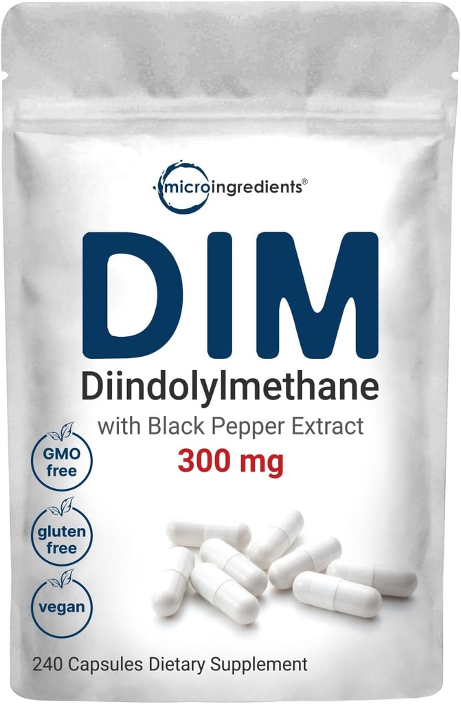 Supplément actif DIM, DIM 300mg, 240 Capsules de Veggie (8-Mois d'approvisionnement), 2 en 1 Formule, Métabolisme Estrogène, Supplément d'extrait de brocoli DIM-Plus Premium avec poivre noir pour une meilleure absorption
